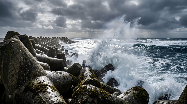 Ocean waves crashing against concrete tetrapod breakwater on the shoreline under a dramatic stormy cloudy sky during high tide seascape coastal protection