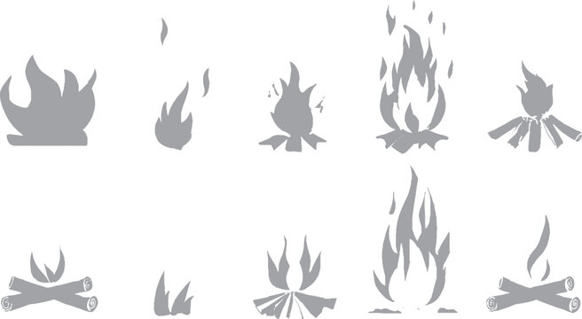 Collection of hand drawn fire flames with crayon, pastel, chalk or pencil texture. Grunge elements in sketch style.