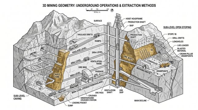 3D cutaway diagram of underground mining operations showing sub-level open stoping, sub-level caving, shafts, drifts, ramps, crusher, and ore body extraction methods.