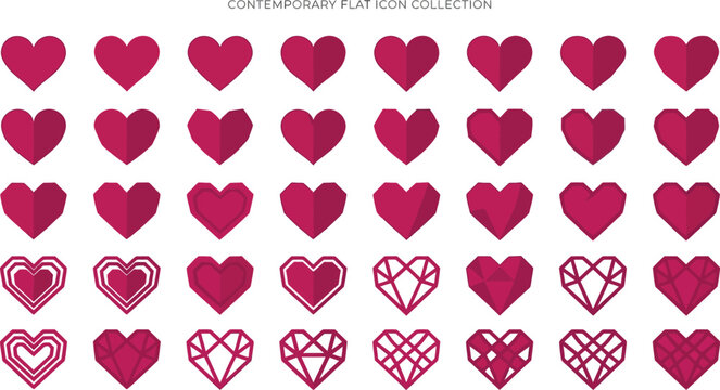 Hearts presented as a contemporary flat icon collection showcase various geometric styles and modern aesthetics.