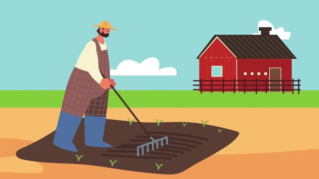 Farmer working in field with rake near red barn on sunny day with clouds.