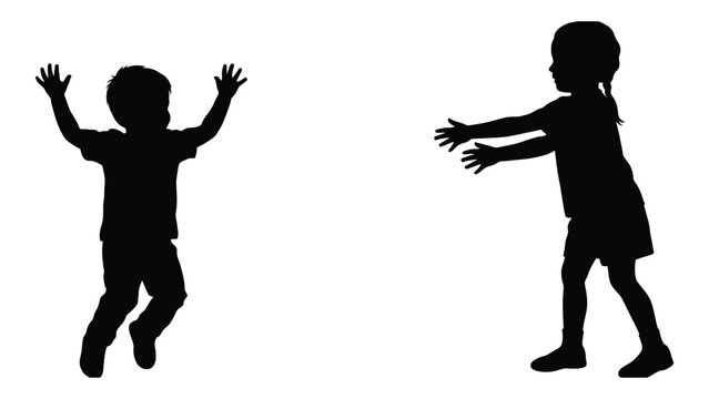 Two children playing and reaching with arms outstretched black silhouette