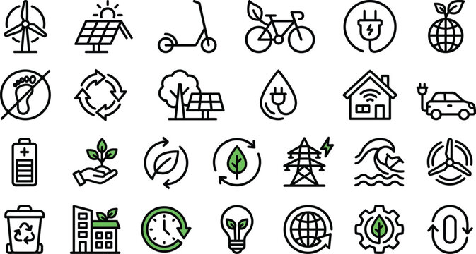 Net zero symbols featuring green and black line art showcase various icons related to ecological sustainability, renewable energy production, and environmental responsibility.