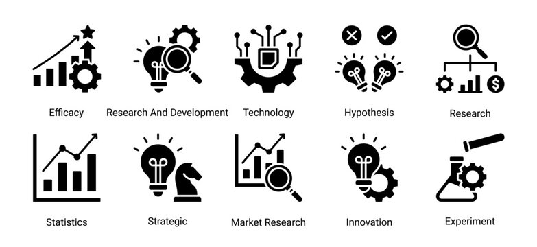 Research strategy icon set featuring innovation,technology,market analysis,statistics,experiment and scientific development vector collection