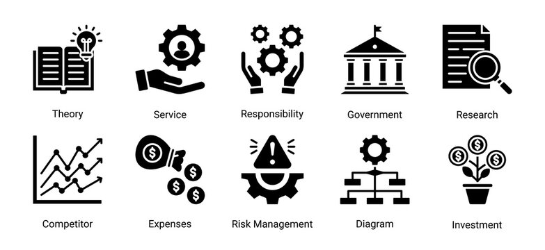 Corporate planning icon set featuring investment,risk management,research,competition and business responsibility vector collection