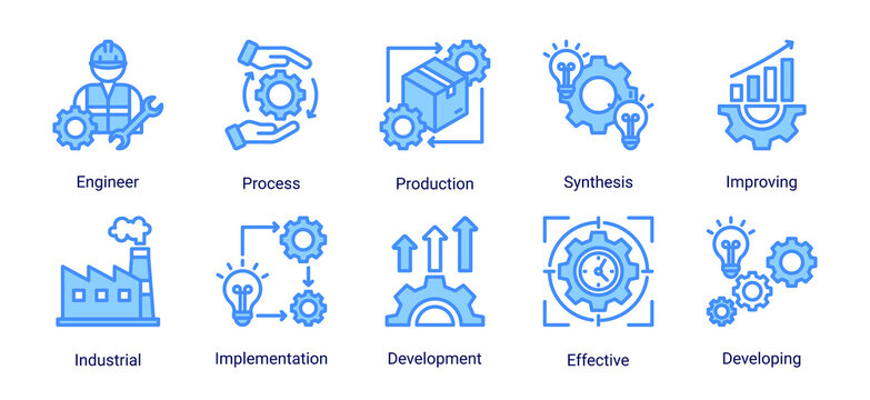 Industrial system icon set featuring engineering,production,implementation,process improvement and industrial development vector collection