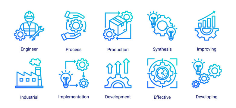 Industrial system icon set featuring engineering,production,implementation,process improvement and industrial development vector collection