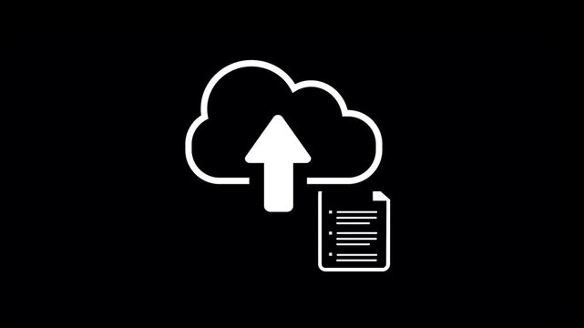 Animated cloud icon with an upward-pointing arrow and a document symbol uploading to the cloud. Ideal for projects related to technology, data, or file uploads.