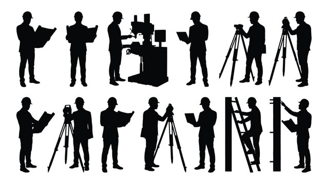 Collection of construction worker silhouettes with tools and equipment against a white background silhouette