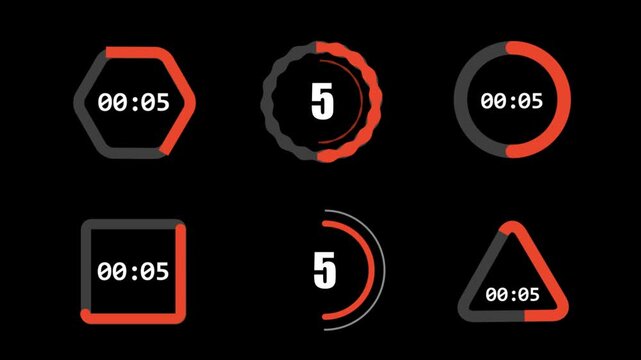 Futuristic Geometric Countdown Timer Elements on Pure Black Background. Multi-Shape Digital Ten Second Clock Pack Including Hexagon, Triangle, Square, and Circle Rings. Modern Sci-Fi UI Infographic