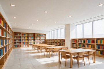 Fototapeta premium Library interior with bookshelves and tables
