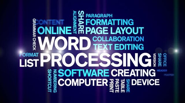 Word Processing animated word cloud-text design animation tag kinetic typography seamless loop.