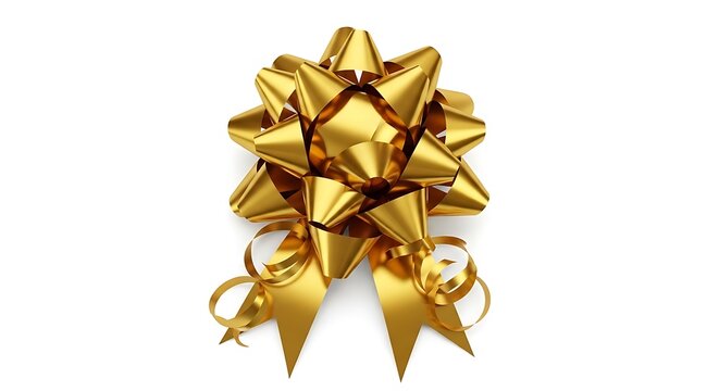 Shiny gold gift bow with ribbons isolated on white background for present wrapping.
