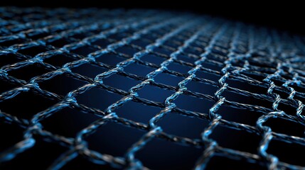 Fototapeta premium Close-up abstract of a metallic grid with diamond-shaped openings and blue background, representing technology and security