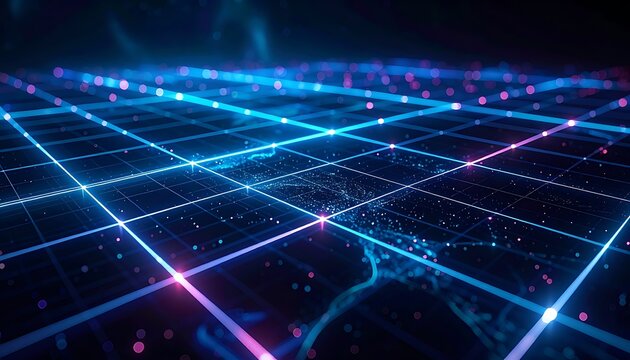 Neon grid with glowing blue lines.
