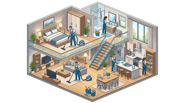 Isometric scene shows a home deep cleaning service team working inside a modern house with multiple levels and rooms being thoroughly cleaned.