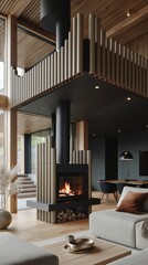 Fototapeta premium Modern Mountain Chalet Interior with Central Fireplace, Open Plan Living, and Natural Wood Accents
