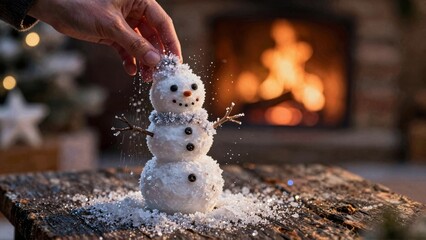 Obraz premium Miniature Snowman by Cozy Fireplace with Hand Sprinkling Snow