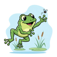 Obraz premium Cartoon frog, green amphibian, jumping frog, playful illustration