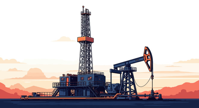 Offshore Oil Rig Pumpjack Illustration