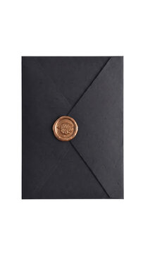 Black envelope with copper seal, isolated on a transparent background