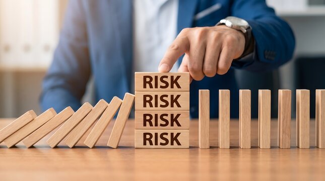 Businessman arranging a protective wall of risk management blocks