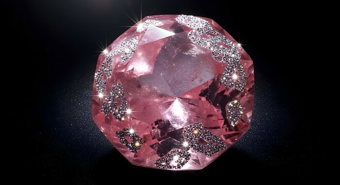 Large, faceted pink diamond is sprinkled with glittering silver specks, creating a dazzling and luxurious gemstone display.