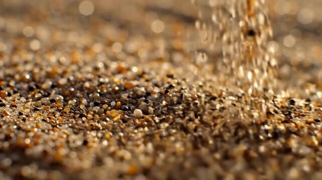 Closeup view of diverse sand grains falling and shifting gently on a textured beach surface, showcasing natural detail