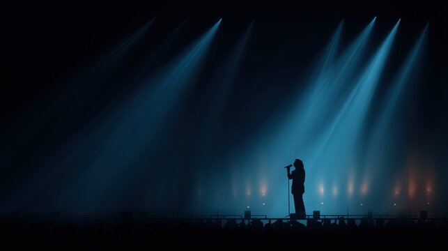 Silhouette of singer on stage in spotlights. Banner design