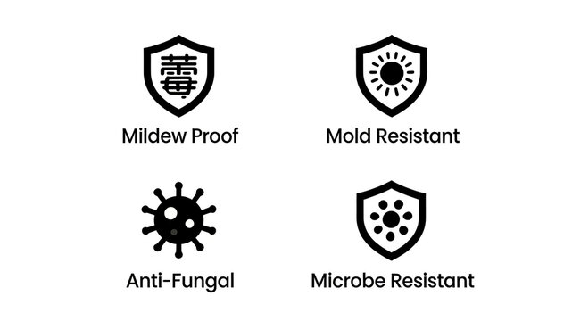 Mold, fungus, and microorganism shield icons represent the characteristics of antibacterial materials in preventing mold, fungi, and inhibiting microbial growth.
