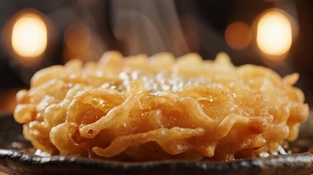 Delicious Golden Funnel Cake with Powdered Sugar and Syrup.