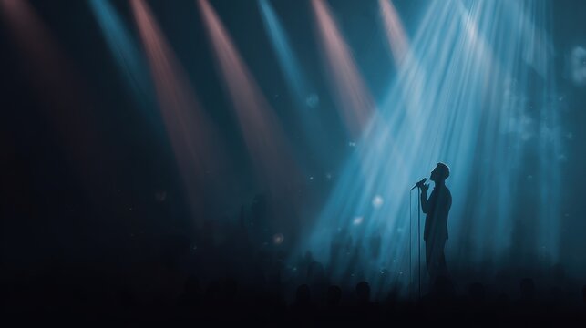 Silhouette of singer on stage in spotlights. Banner design