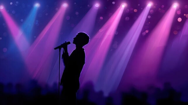 Silhouette of singer on stage in spotlights. Banner design
