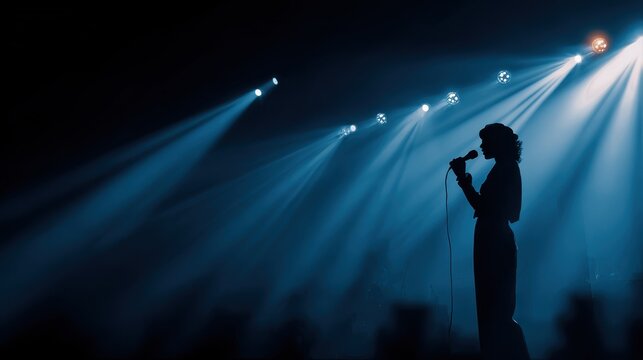 Silhouette of singer on stage in spotlights. Banner design