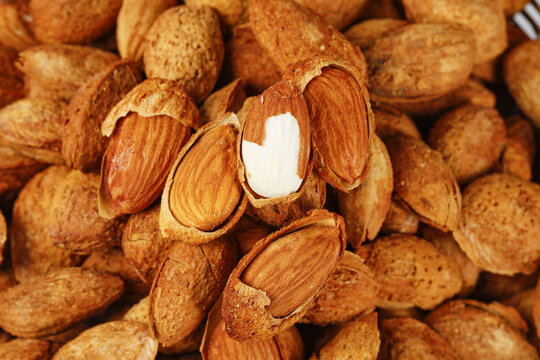 Fresh Almonds in Shells and Shelled Natural Tree Nuts Close-Up Texture Detail