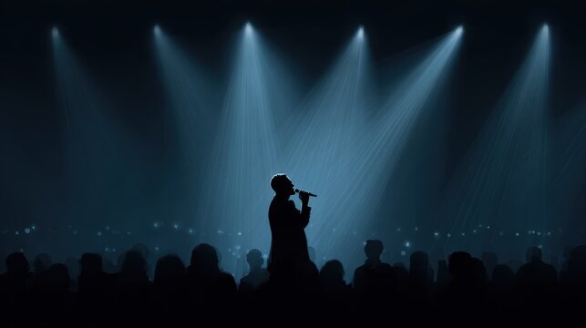 Silhouette of singer on stage in spotlights. Banner design
