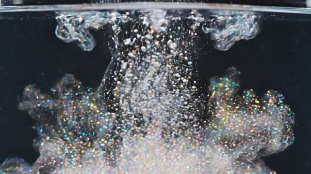 Close-up slow-motion view of a red pharmaceutical capsule dissolving in liquid, creating a shimmering cloud of particles.