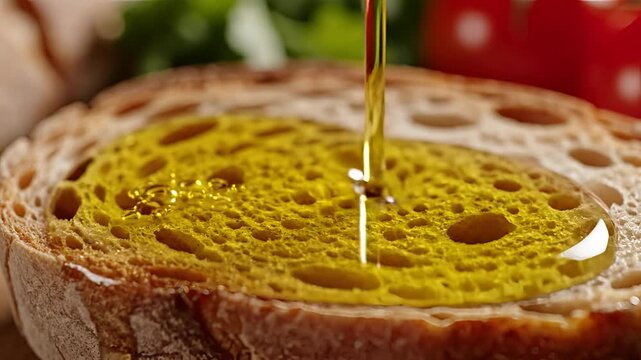 Golden Olive Oil Drizzling onto Rustic Bread Slice Closeup.