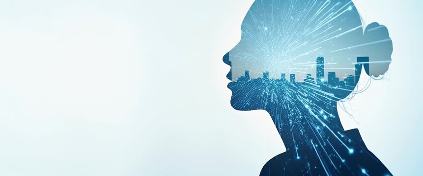 Photo realistic as Silhouette of a person and a network diagram symbolizing connectivity and innovation in double exposure with copy space. concept as A silhouette of a person merged with a network di