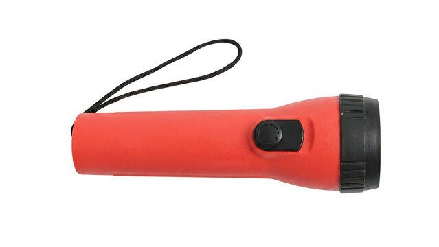 Orange flashlight with black switch and lens, isolated on a transparent background