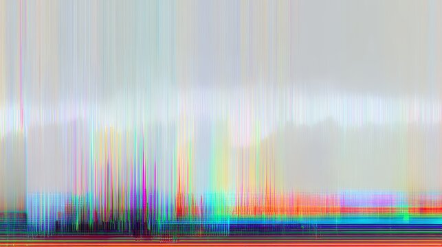 Grey background with colorful digital glitch bar showing RGB signal interference and static noise lines at bottom