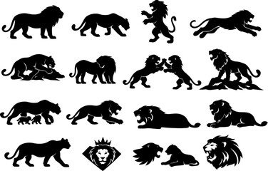 Fototapeta premium A collection of various lion silhouettes depicted in different poses and actions.