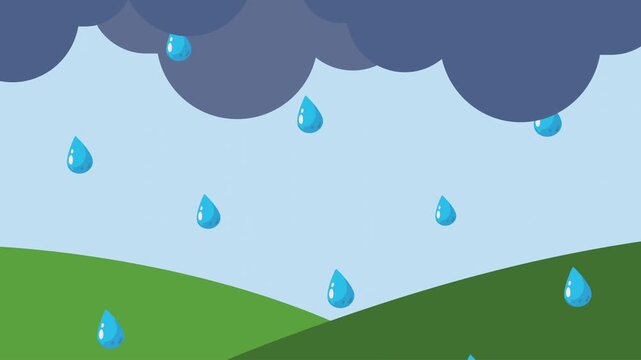Cartoon animation shows a tranquil landscape as dark clouds gather and rain begins to fall, illustrating changing weather conditions.