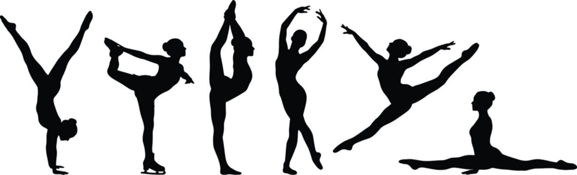 Black silhouettes of female gymnasts and ice skaters performing athletic poses, handstand, jumps, and splits on white background
