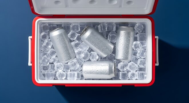 Overhead view of a red cooler filled with ice and four silver beverage cans