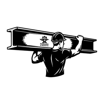 Construction Worker Carrying Steel I-Beam Ironworker Vector Illustration