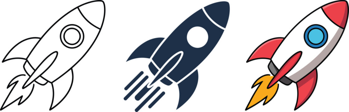 Set of rocket icons, showing outline, filled, and colorful versions on transparent background.