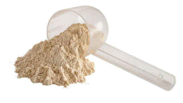 Protein powder scoop with beige powder, isolated on a transparent background, supplement
