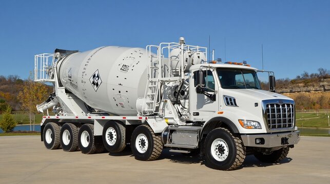 Heavy duty white concrete mixer truck with multiple axles parked on paved surface under bright sky