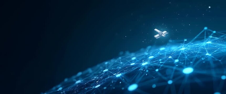 Minimalist wallpaper design featuring abstract digital network grids and futuristic icons representing ISS research with integrated space station elements and ample empty space for overlay text; conve